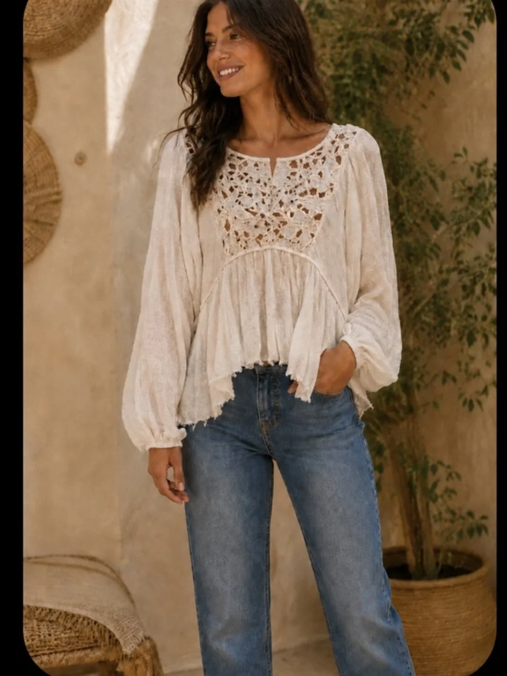 NWT Free People Crochet gauzy raw edges Peasant top size XS